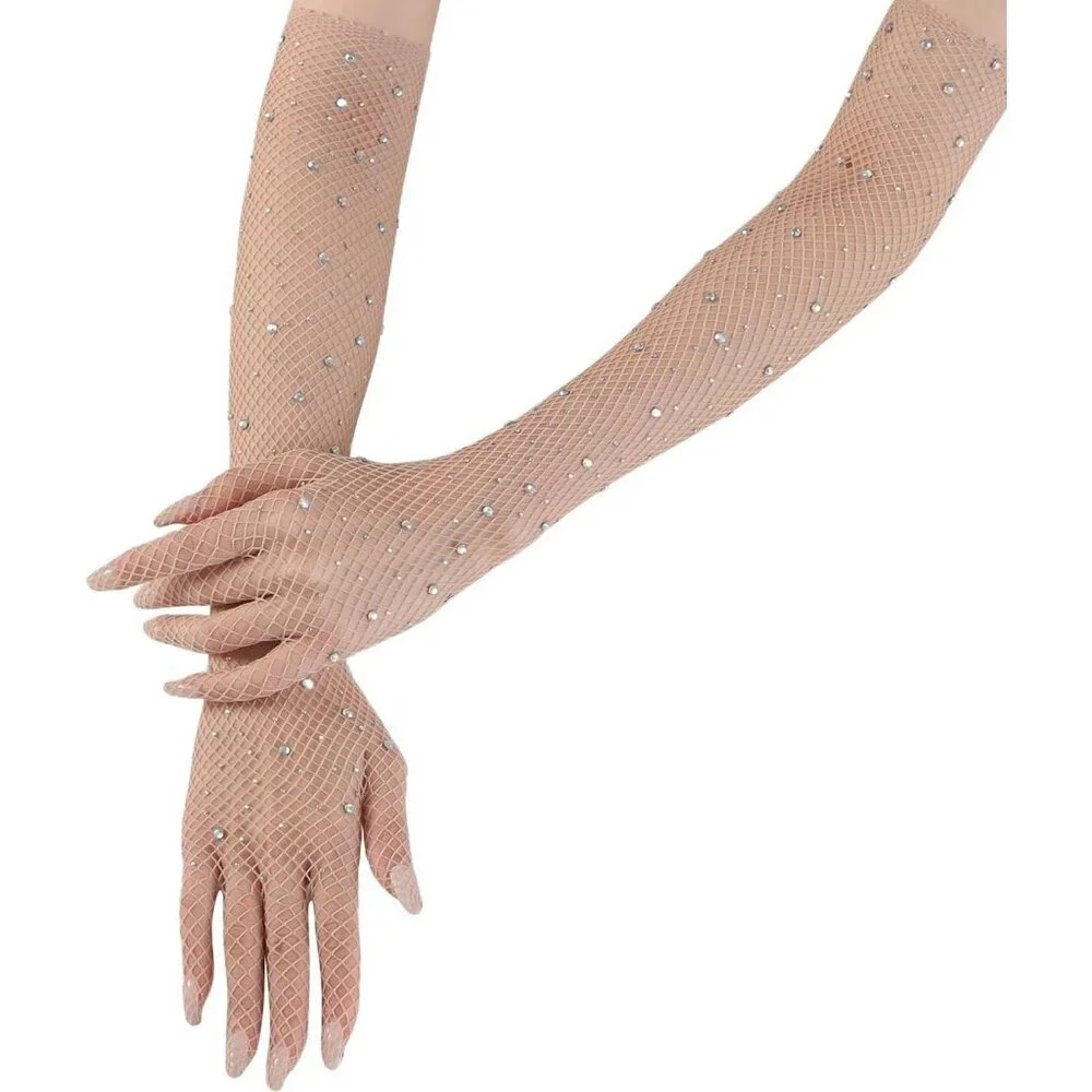 Women's Glitter Brown Rhinestone Elbow Length Long Gloves Halloween Party